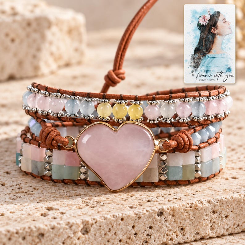Pastel Heart Wrap Bracelet shown as the main Etsy hero photograph with a clear view of the complete design. A personalized digital greeting card is shown alongside.