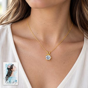 Moissanite Solitaire Necklace, worn by an adult. A sample personalized digital greeting card is shown alongside.