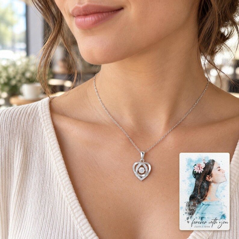 Moissanite Heart Necklace, human lifestyle view. A personalized digital greeting card is shown alongside.
