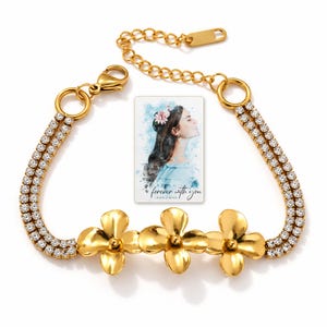 Gold Tone Flower Bracelet, catalog view. A personalized digital greeting card is shown alongside.