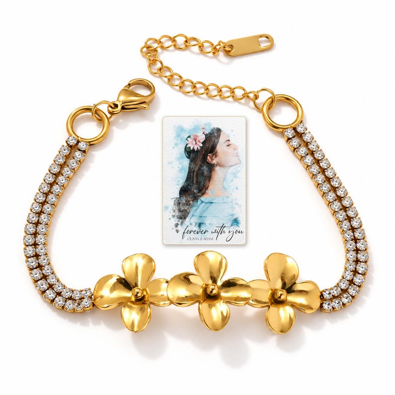 Gold Tone Flower Bracelet, catalog view. A personalized digital greeting card is shown alongside.