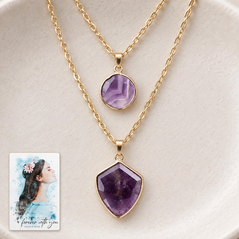 Layered Shield Necklace, macro detail view. A personalized digital greeting card is shown alongside.