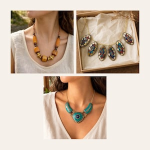 May include: A collection of three necklaces: one featuring amber-colored cylindrical beads with gold-tone spacers, one with five oval pendants inlaid with colorful mosaic patterns on a gold chain, and one with a turquoise-colored crescent design.
