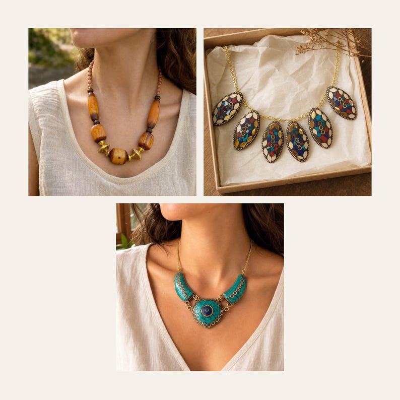 May include: A collection of three necklaces: one featuring amber-colored cylindrical beads with gold-tone spacers, one with five oval pendants inlaid with colorful mosaic patterns on a gold chain, and one with a turquoise-colored crescent design.