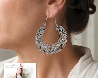 Antique Silver Tone Filigree Hoop Earrings, Bohemian Statement Dangles