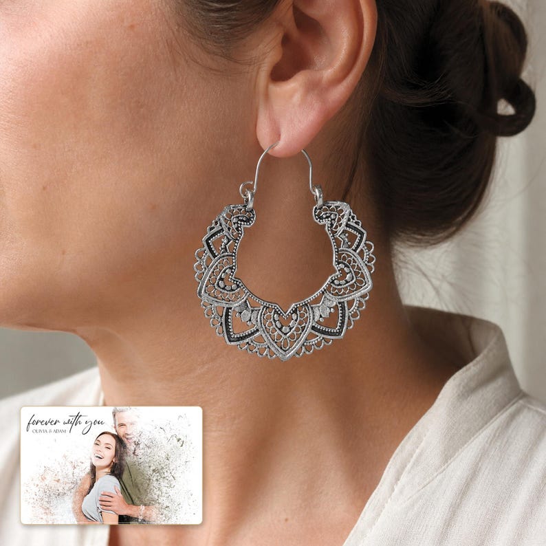 Antique Lace Boho Hoops worn by an adult in a polished evening lifestyle scene.