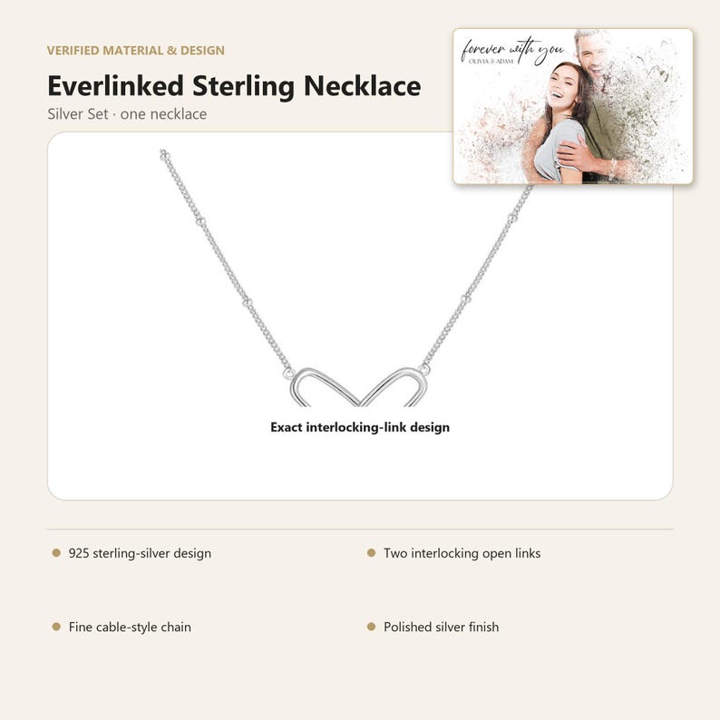 May include: A 925 sterling silver necklace featuring a fine cable-style chain and two interlocking open links with a polished finish. The product is labeled as Everlinked Sterling Necklace and includes a small inset photo of a couple.