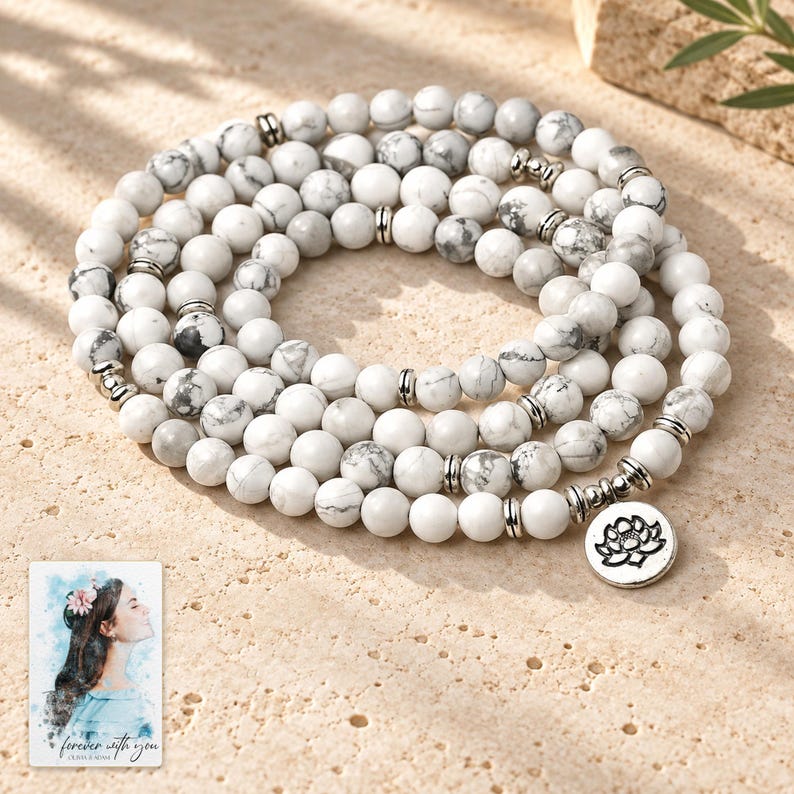 White Bead Wrap Bracelet, shown in natural light. A sample personalized digital greeting card is shown alongside.