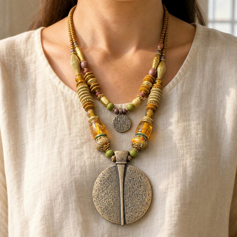 Two-tier bronze, amber and olive beaded statement necklace with layered round pendants displayed on a jewelry bust with the layered beadwork and pendants visible