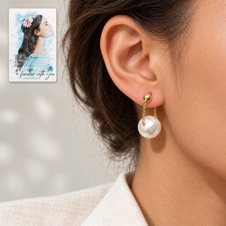 Pearl Style Earrings, worn lifestyle view. A personalized digital greeting card is shown alongside.