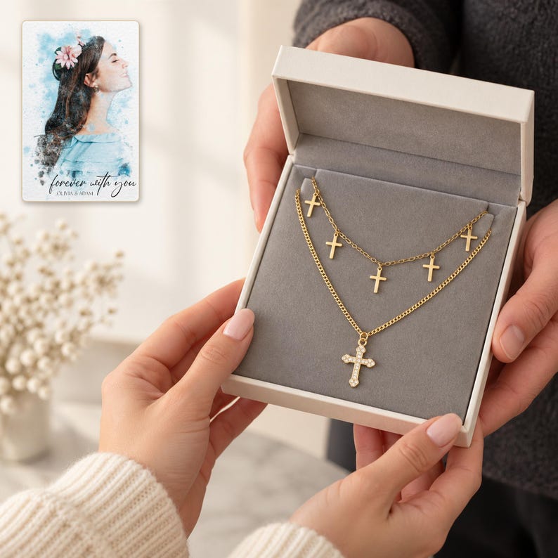 Golden Faith Layered Cross Necklace shown during a believable gift-giving moment between adults with the jewelry visible. A personalized digital greeting card is shown alongside.