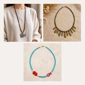 May include: Three necklaces: one long cord necklace with a silver elephant pendant and multi-colored beads, one beaded necklace with gold-toned textured leaf-shaped charms, and one turquoise beaded necklace with red coral and a fish-shaped charm.