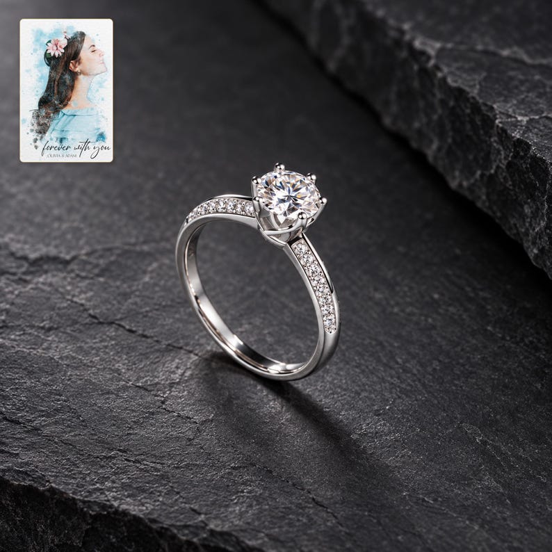 Moissanite Solitaire Ring, shown against a dark background. A sample personalized digital greeting card is shown alongside.