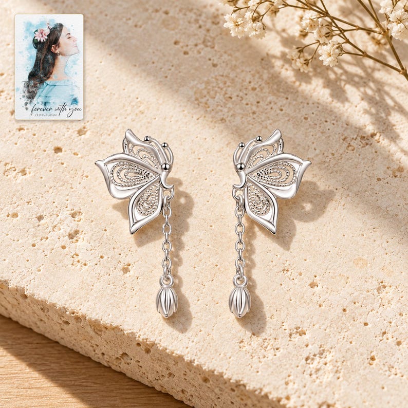 Butterfly Drop Earrings, shown in natural light. A sample personalized digital greeting card is shown alongside.