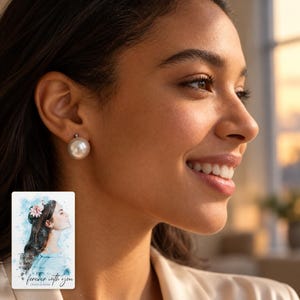 Round white pearl-style stud earring worn on an ear, beside a personalized digital greeting card.