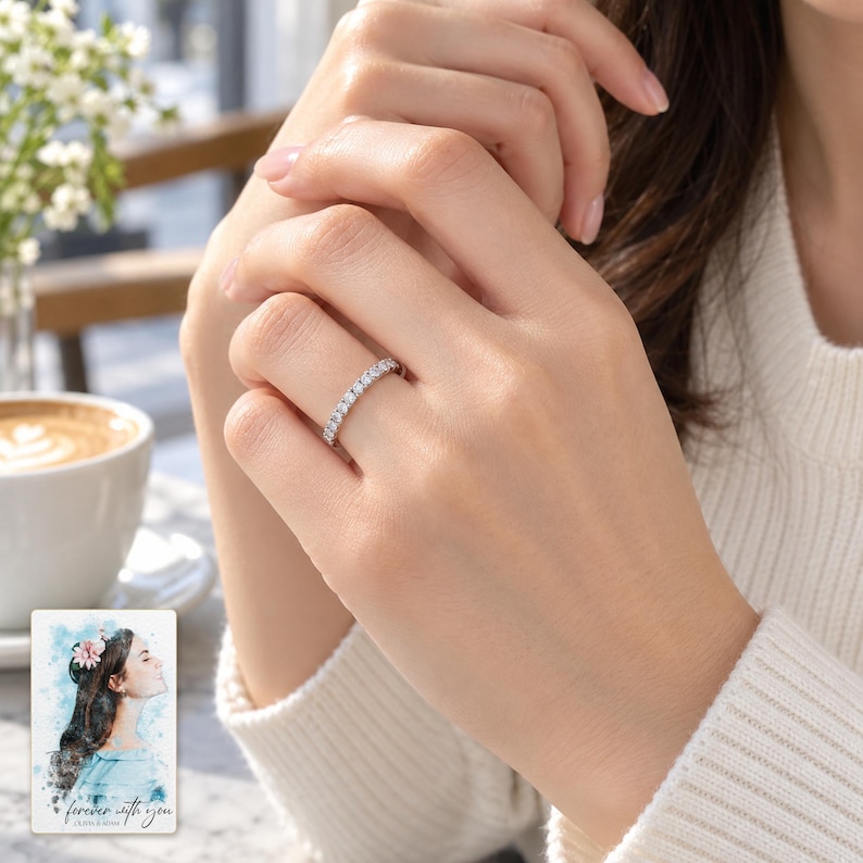 Moissanite Half Eternity Ring, worn with daytime clothing. A sample personalized digital greeting card is shown alongside.