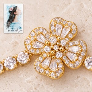 Golden Petal Slider Bracelet shown in a close macro view highlighting the visible texture, texture and construction details. A personalized digital greeting card is shown alongside.