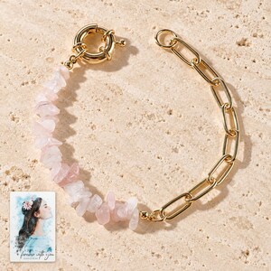 Pink Chip Bead Bracelet, hero view. A personalized digital greeting card is shown alongside.