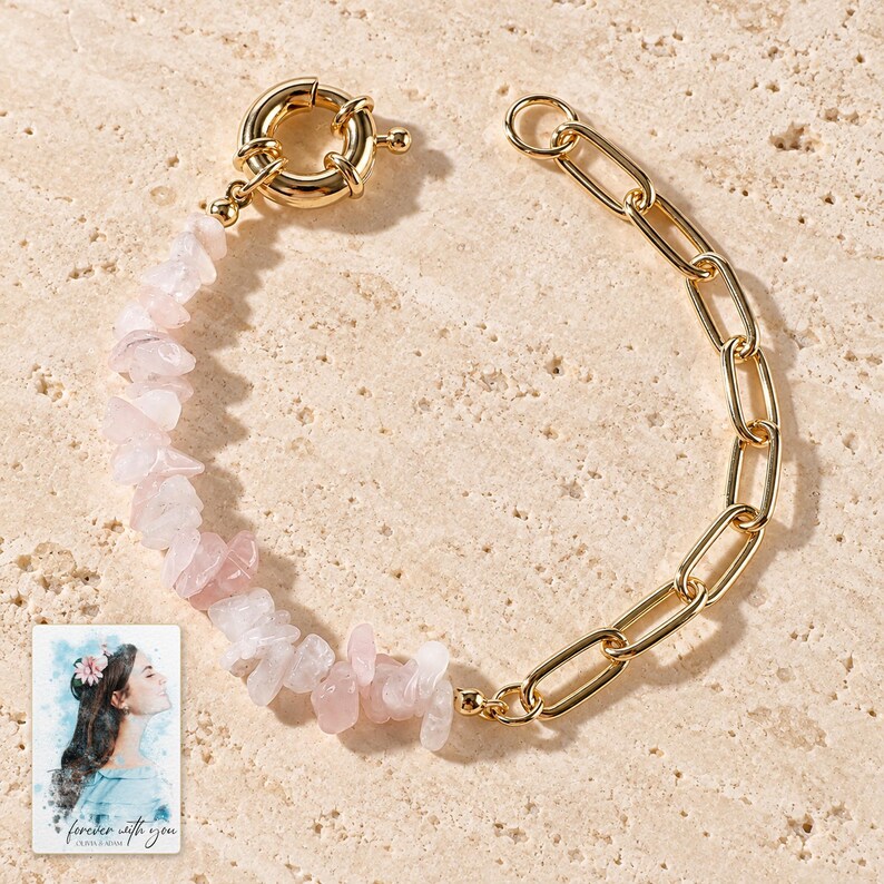 Pink Chip Bead Bracelet, hero view. A personalized digital greeting card is shown alongside.