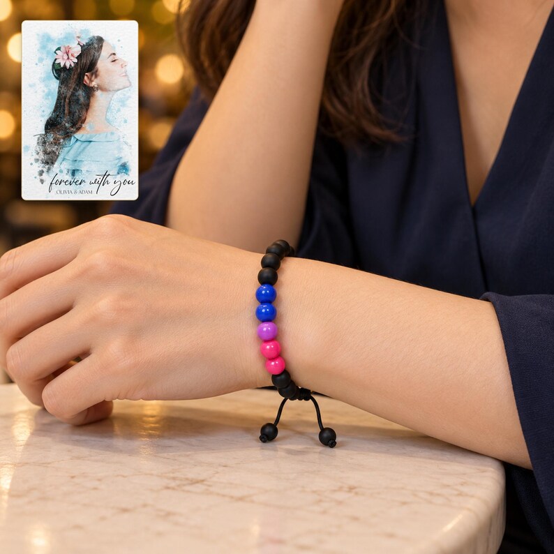 Black Bead Bracelet, human lifestyle view. A personalized digital greeting card is shown alongside.