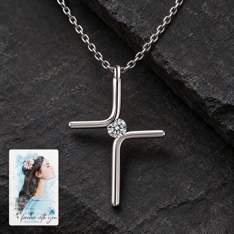 Cross Pendant Necklace, shown against a dark background. A sample personalized digital greeting card is shown alongside.