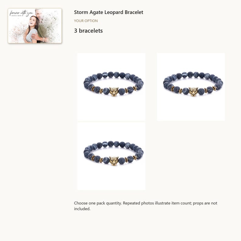 3 Bracelets. Gray Agate Bead Bracelet. A personalized digital greeting card is shown. Select the pictured option when ordering.
