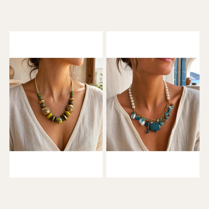 May include: Two necklaces shown side-by-side. The left necklace features gold-toned metallic beads, green accents, and a yellow speckled bead. The right necklace features white pearls, gold-toned chain links, and various blue-toned charms and beads.
