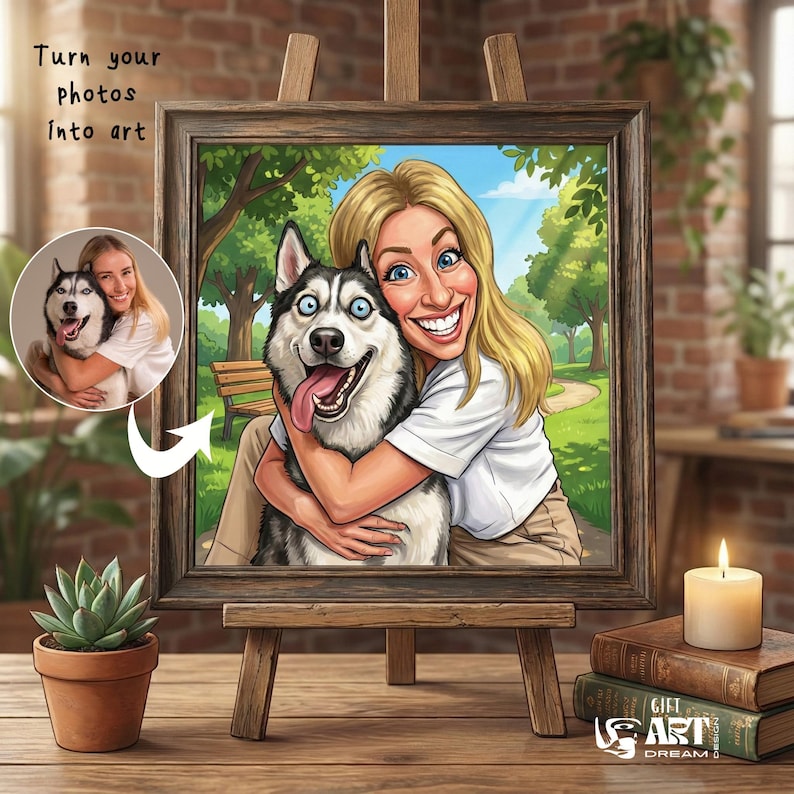 K&ouml;nnte beinhalten: Gerahmtes Cartoon-Portr&auml;t einer Frau, die einen Husky-Hund umarmt, in einer Parkszene. Das Kunstwerk wird auf einer h&ouml;lzernen Staffelei ausgestellt. Die Worte "Turn your photos into art" befinden sich in der oberen linken Ecke.