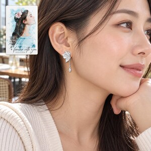 Butterfly Drop Earrings, worn with daytime clothing. A sample personalized digital greeting card is shown alongside.