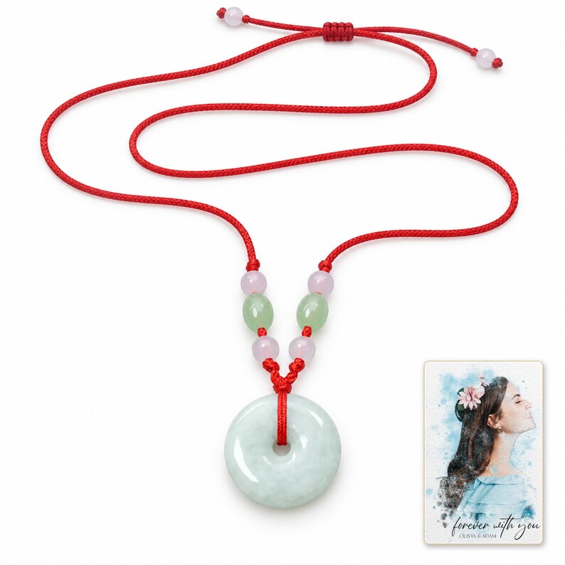 Peace Circle Green Cord Necklace shown on a clean white catalog background for an unobstructed product view. A personalized digital greeting card is shown alongside.