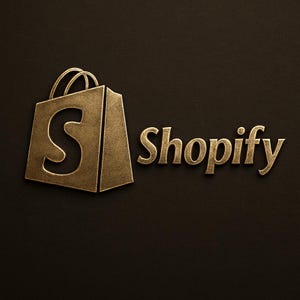 May include: A gold-colored Shopify logo on a dark brown background. The logo features a shopping bag with an "S" cutout and the word "Shopify" in a matching gold tone.