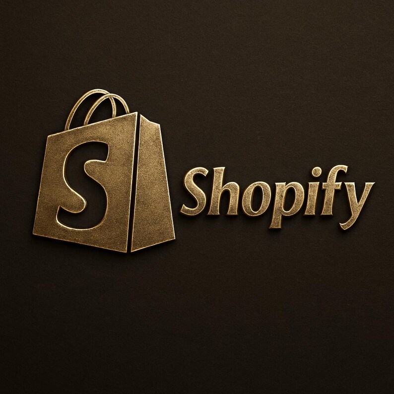 May include: A gold-colored Shopify logo on a dark brown background. The logo features a shopping bag with an "S" cutout and the word "Shopify" in a matching gold tone.