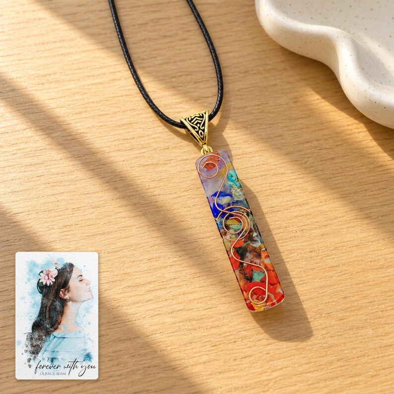 Colorful Bar Pendant Necklace, sunlit home view. A personalized digital greeting card is shown alongside.