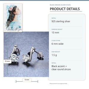 K&ouml;nnte beinhalten: Ein Paar Ohrstecker aus 925er Sterlingsilber mit einem klaren, runden Zirkonstein und einem schwarzen Akzentstein. Die Ohrringe sind 13 mm hoch, der klare Stein ist 6 mm breit und das Gesamtgewicht des Paares betr&auml;gt 1,5 Gramm.