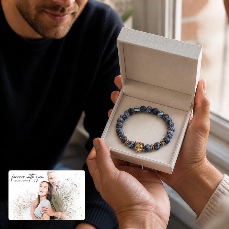 Storm Marbled Leopard Bracelet shown during a warm gift-receiving moment between adults with the exact jewelry visible.