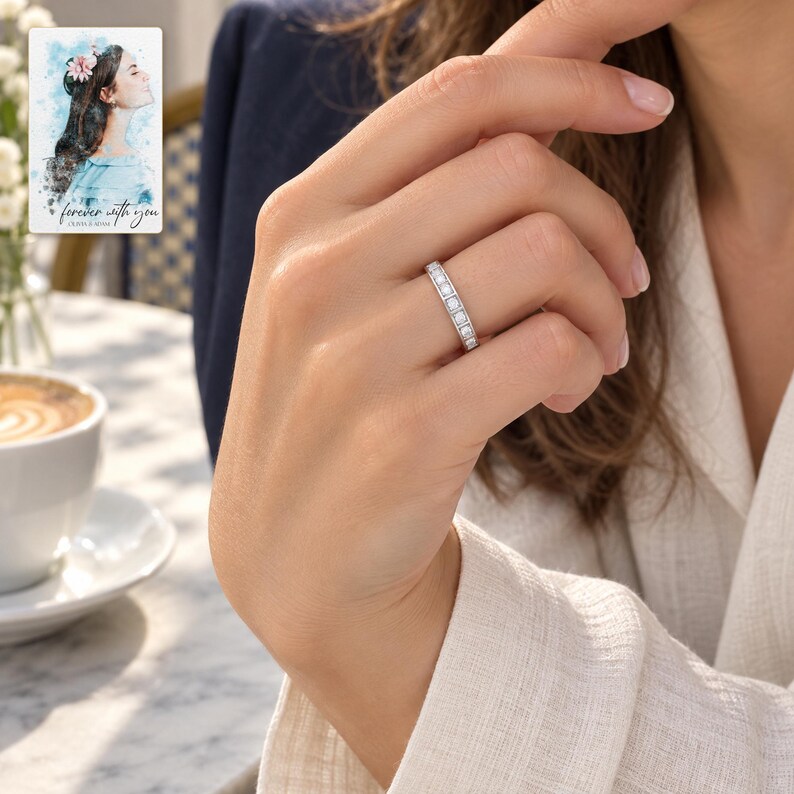 Moissanite Band Ring, worn with daytime clothing. A sample personalized digital greeting card is shown alongside.
