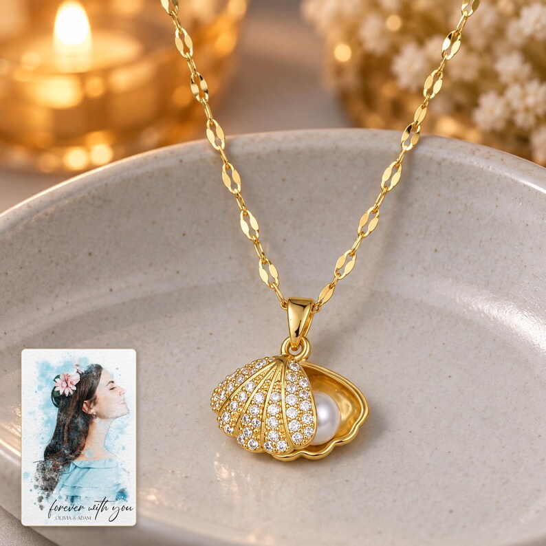Shell Shaped Necklace, evening style view. A personalized digital greeting card is shown alongside.