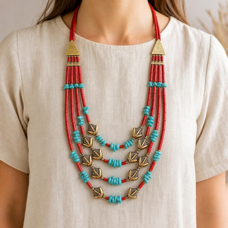 Brown and Gray Statement Beaded Necklace presented in an open jewelry gift box on natural linen