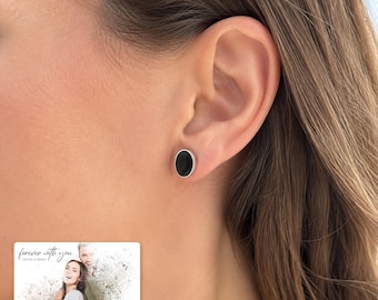 Black Disc Stud Earrings, Personalize Silver Tone Pair