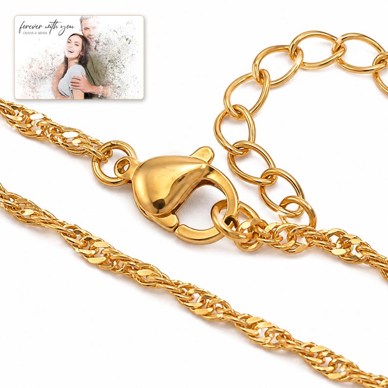 Golden Waterline Chain shown during a warm gift-receiving moment between adults with the exact jewelry visible.