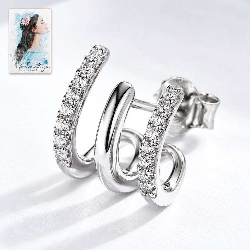 Triple Arc Stud Earrings, close-up of the details. A sample personalized digital greeting card is shown alongside.