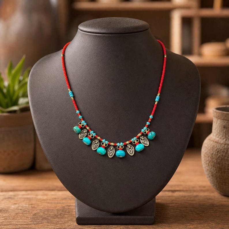 Red Beaded Coin Charm Necklace shown individually as a coordinating option for the mix and match necklace set