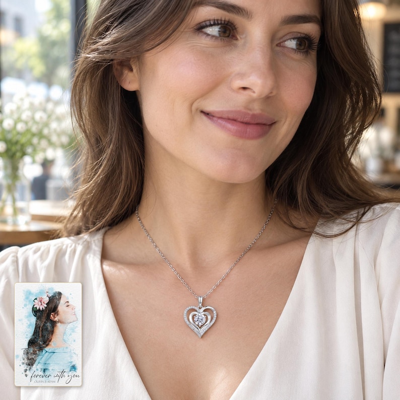 Double Heart Moissanite Necklace, worn with daytime clothing. A sample personalized digital greeting card is shown alongside.
