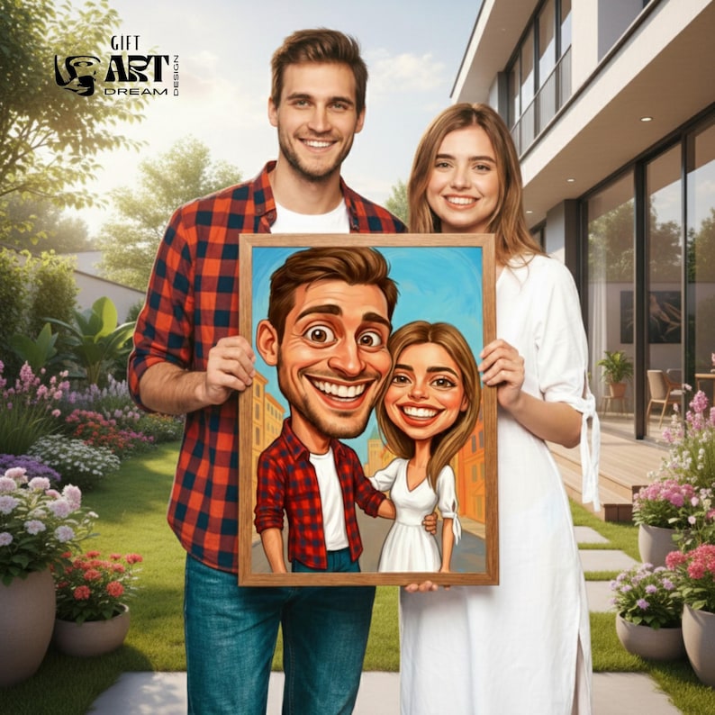 K&ouml;nnte beinhalten: Ein Paar h&auml;lt ein gerahmtes Karikaturportr&auml;t. Das Kunstwerk zeigt einen Mann und eine Frau mit &uuml;bertriebenen Gesichtsz&uuml;gen, vor einem blauen Himmel und einer Stra&szlig;enszene. Der Rahmen ist braun, und das Paar auf dem Bild l&auml;chelt.