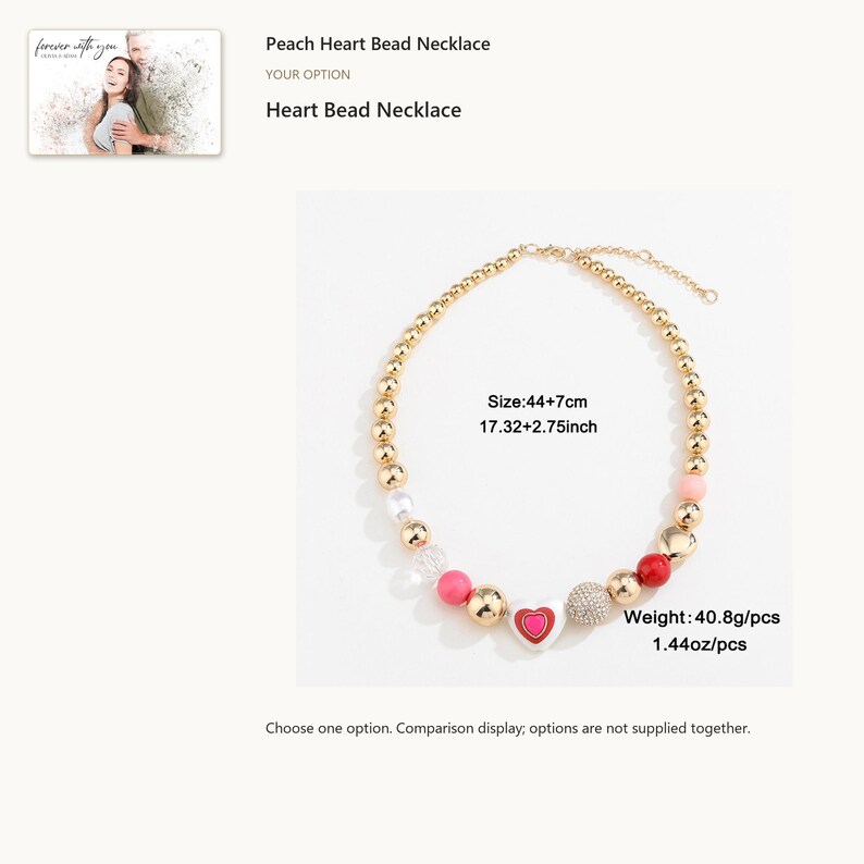 Beaded necklace. Heart Charm Jewelry. A personalized digital greeting card is shown. Select the pictured option when ordering.