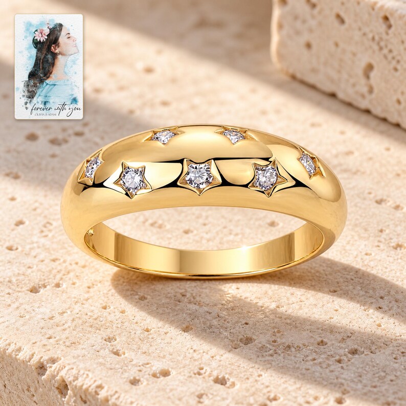 Star Set Moissanite Ring, shown in natural light. A sample personalized digital greeting card is shown alongside.