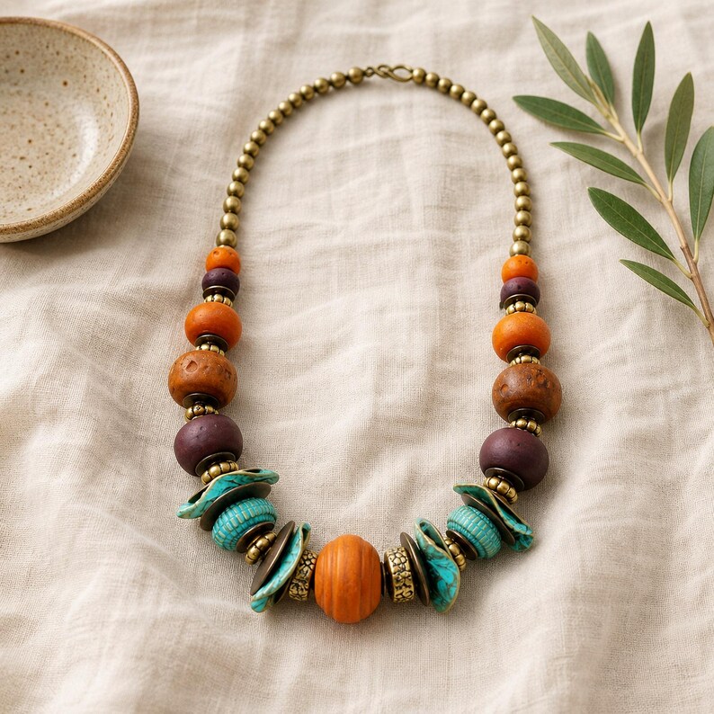 Rose Gold and Silver Statement Beaded Necklace presented in an open jewelry gift box on natural linen