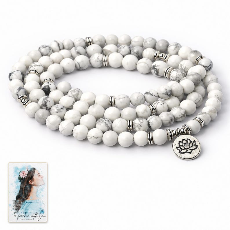 White Bead Wrap Bracelet, shown against a light background. A sample personalized digital greeting card is shown alongside.
