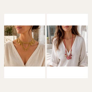 May include: A gold-toned multi-strand choker necklace with dangling accents and a long red cord necklace featuring assorted red and gold beads, both worn with a white V-neck top. The gold necklace has layered chains, while the red necklace has a pendant.