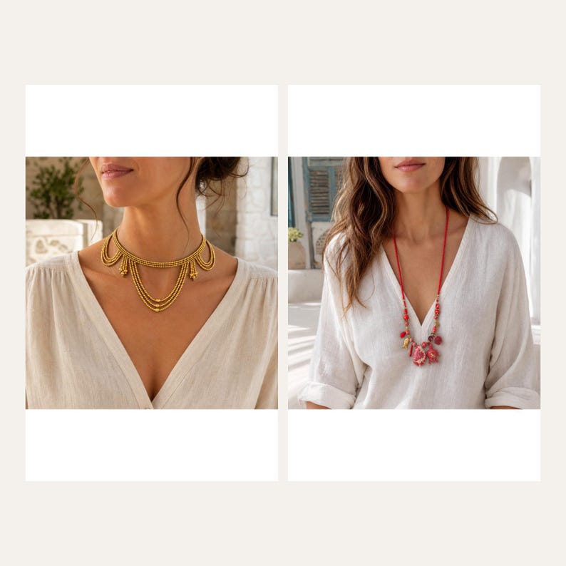May include: A gold-toned multi-strand choker necklace with dangling accents and a long red cord necklace featuring assorted red and gold beads, both worn with a white V-neck top. The gold necklace has layered chains, while the red necklace has a pendant.